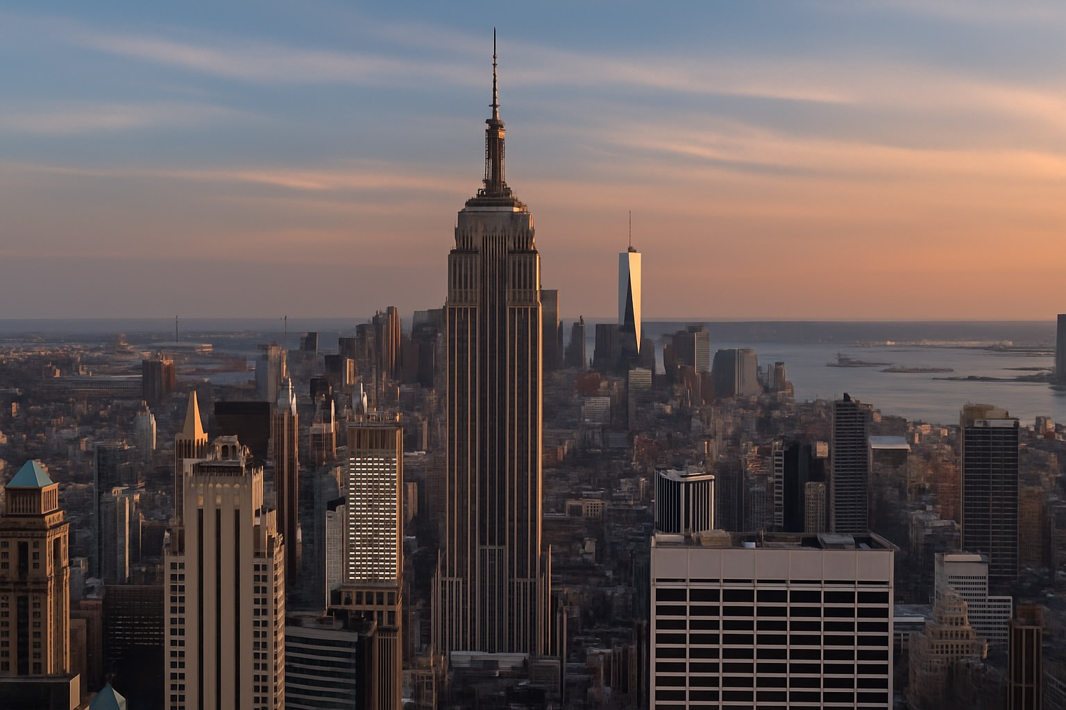 Manhattan skyline at golden hour